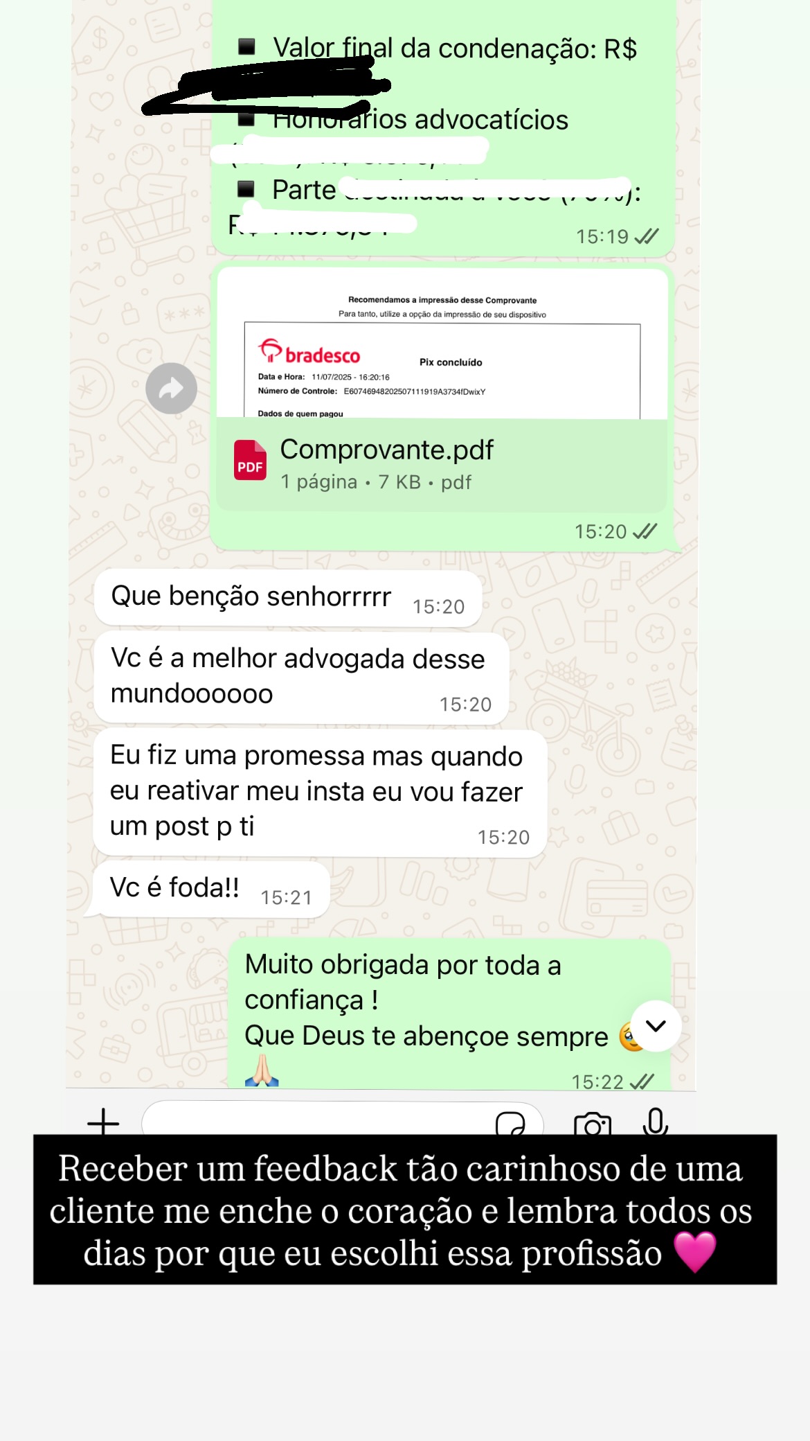 Print de story do Instagram com feedback de cliente