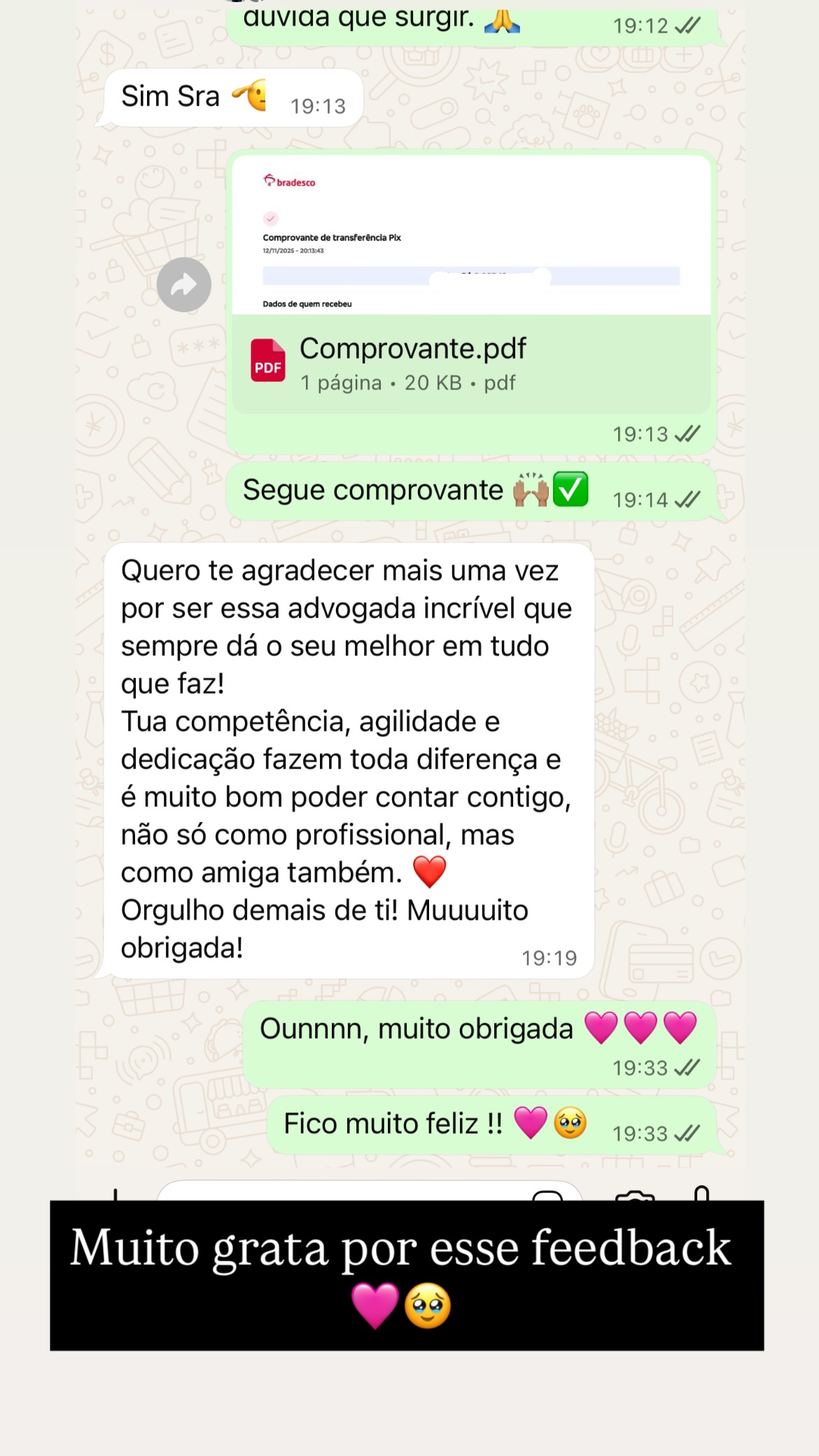 Print de story do Instagram com feedback de cliente